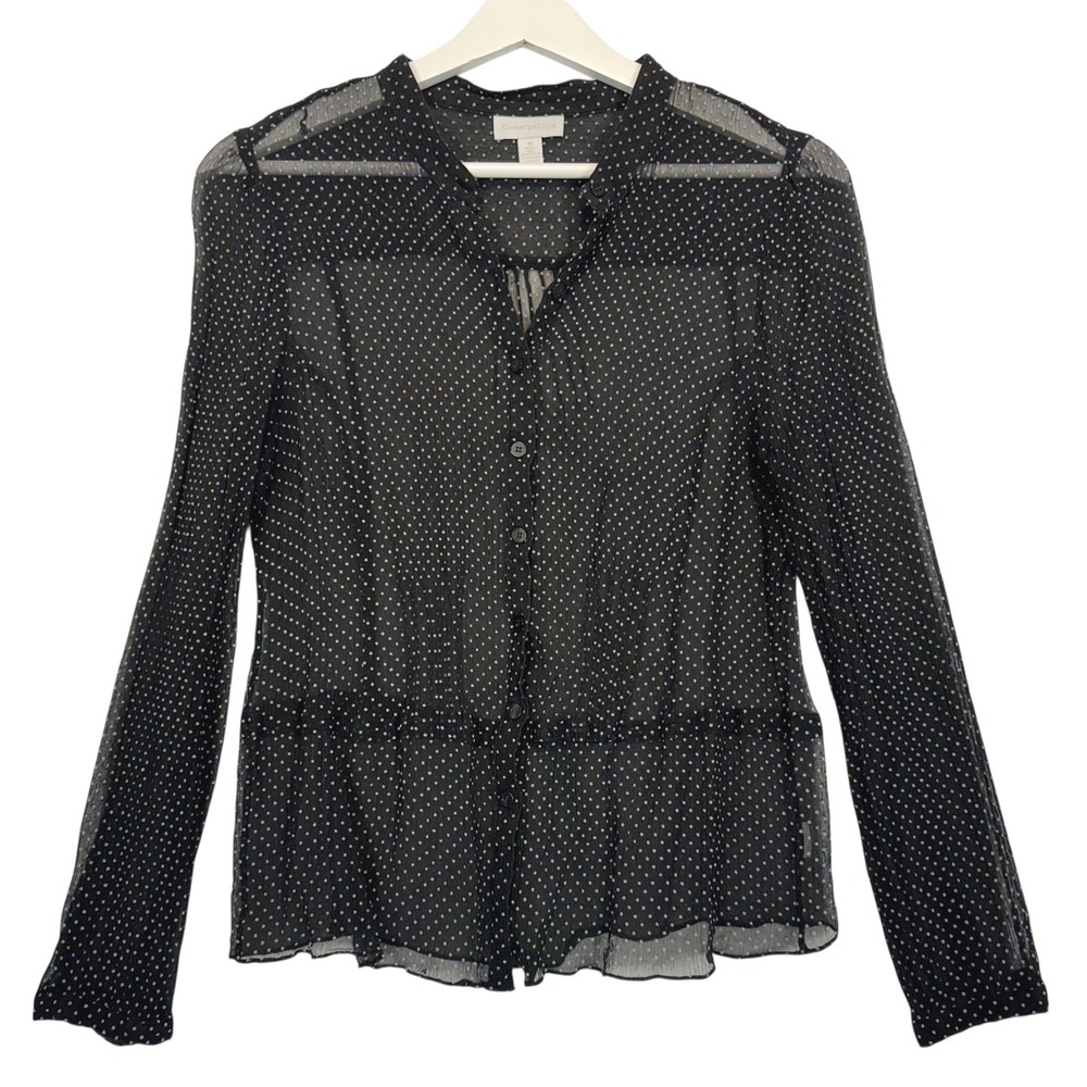 Charter Club Silk Polka Dot Blouse Black White Sheer Peplum Button Front Top 10